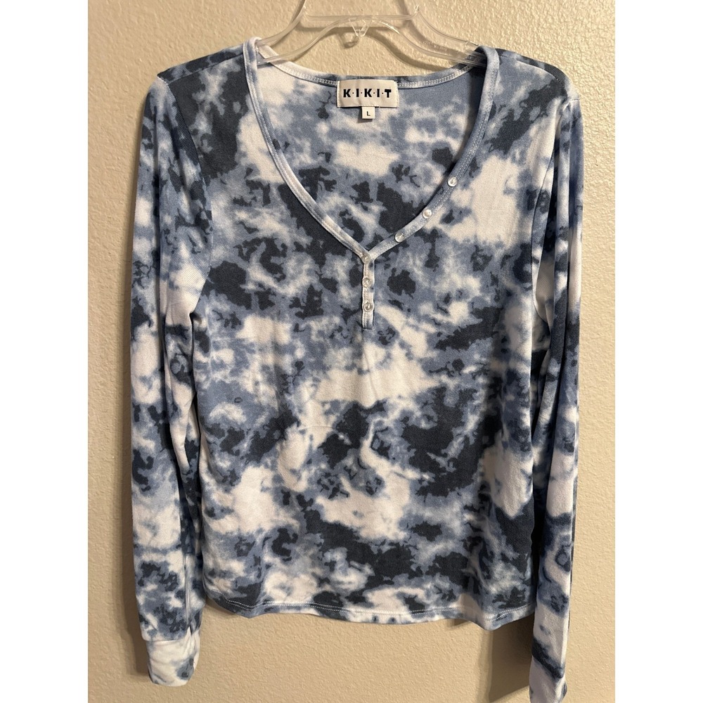 KIKIT Tie Dye Long Sleeve Henley Shirt Women's Size L Blue White Casual Top